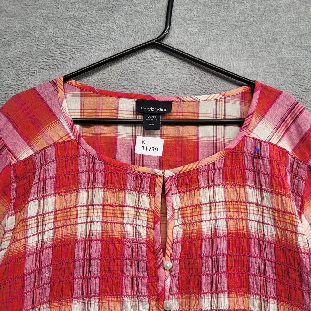 Lane Bryant Women‎ Top 26/28 Red Plaid Blouse Babydoll Smocked Long Sleeve - Picture 3 of 8